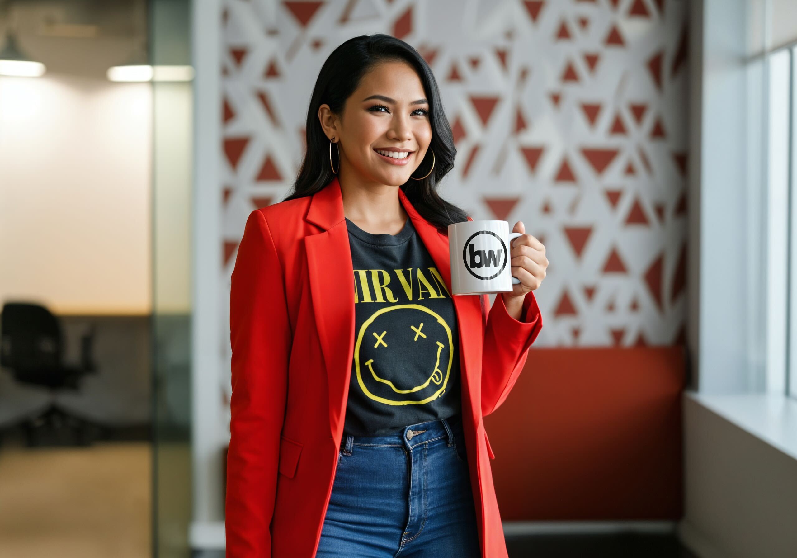 Smiling professional in a red blazer holding a branded mug and standing in front of a geometric wall pattern, conveying confident office energy, data entry virtual assistant.